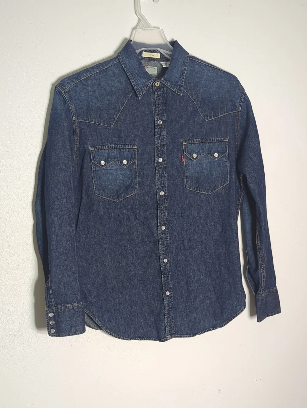 Levis Mens Western Denim Shirt Dark Indigo Pearl Snap Long Sleeve Cowboy Medium